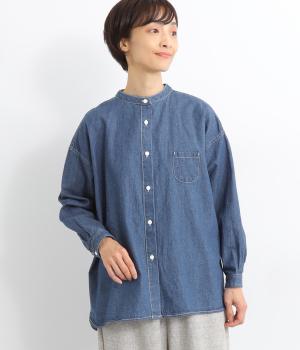 ライトコットンリネンデニムステッチワークスタンドカラーシャツチュニック