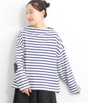 天竺ボーダー前後差ボトルネックプルオーバー（エルボーパッチ付）