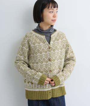 ラムナイロン FLOWERジャカードスキッパーカーディガン(オートミール-F)