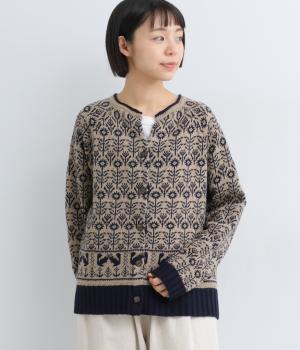 ラムナイロン FLOWERジャカードスキッパーカーディガン(杢モカ-F)
