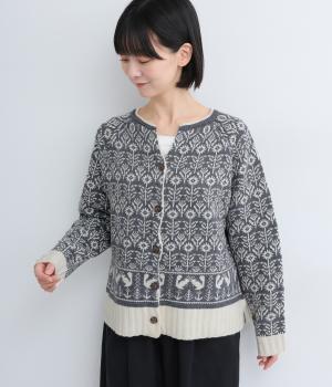 ラムナイロン FLOWERジャカードスキッパーカーディガン(杢グレー-F)