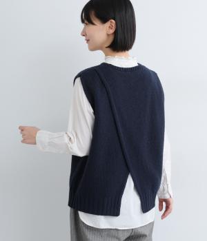 ラムナイロン ポップコーン編み重ね開きベスト(ダークネイビー-F)