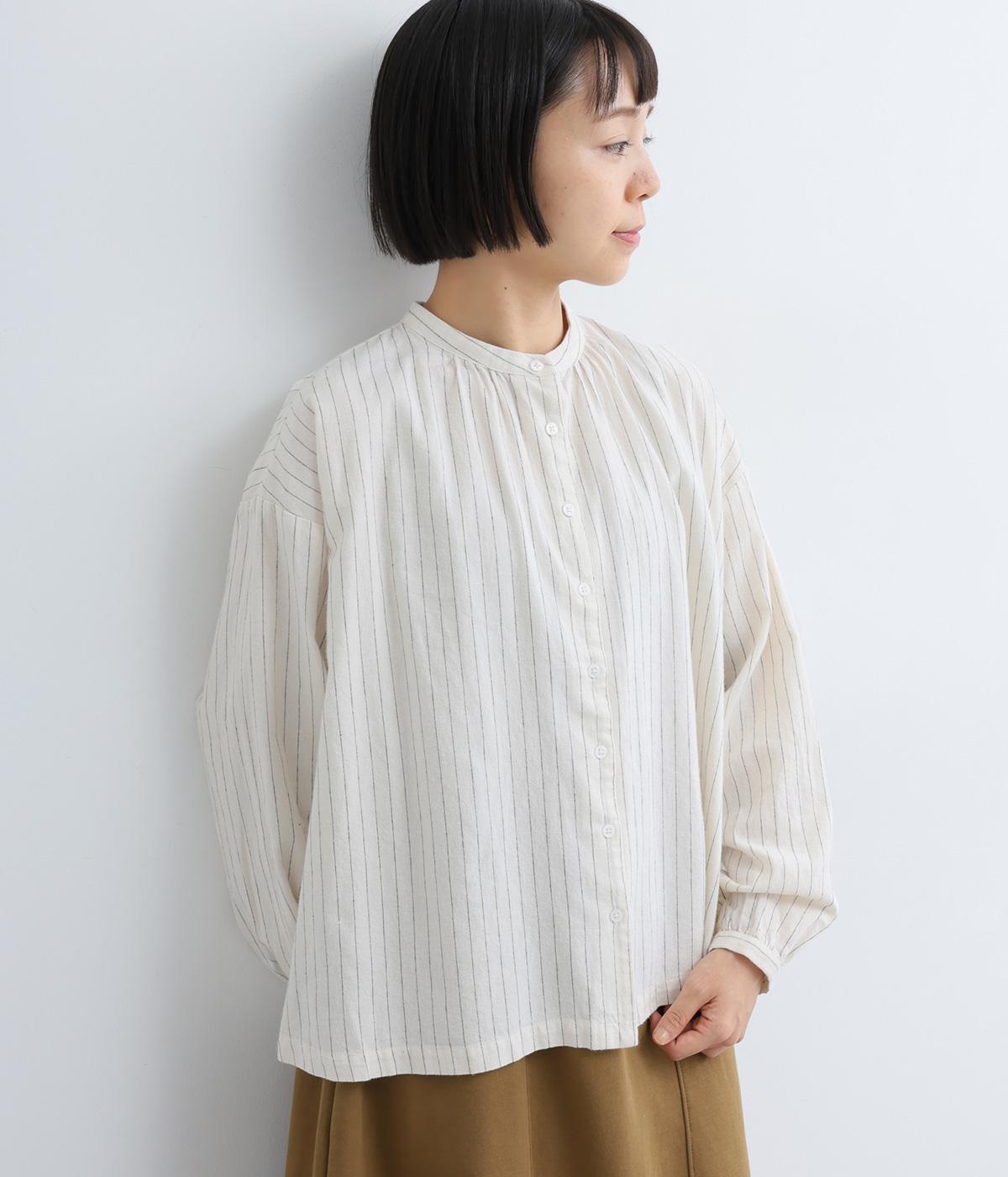 コットン表起毛バンドカラーネックギャザーシャツ(ストライプ-F)