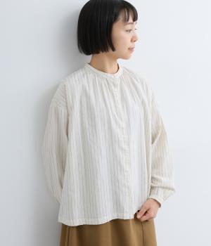 コットン表起毛バンドカラーネックギャザーシャツ(ストライプ-F)