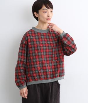 綾織起毛チェック前後差リブ使いコクーンプルオーバー(レッドチェック-F)
