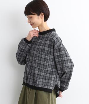 綾織起毛チェック前後差リブ使いコクーンプルオーバー(グレーチェック-F)