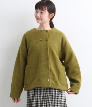 毛混スライバーニットノーカラーW釦カーディガン