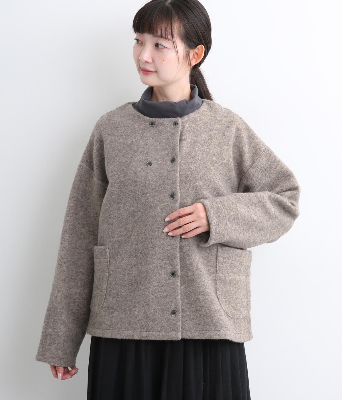 毛混スライバーニットノーカラーW釦カーディガン(杢モカ-F)