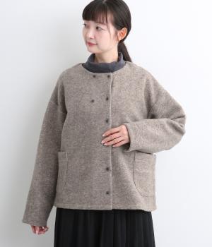 毛混スライバーニットノーカラーW釦カーディガン(杢モカ-F)