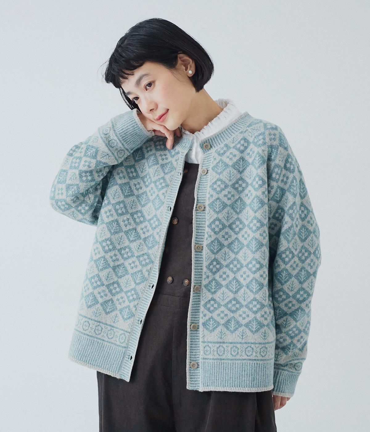 ソフトウールジャカードクルーネックカーディガン(杢グレ-×杢グレ-サックス-F)