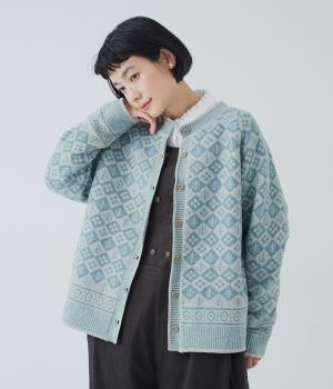 ソフトウールジャカードクルーネックカーディガン(杢グレ-×杢グレ-サックス-F)