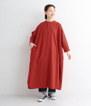 コットンリネン平織り変形ヘンリーネック8分袖シャツワンピース(テラコッタ-ONESIZE)