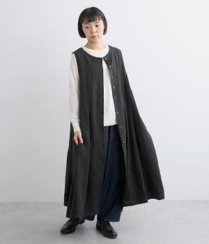 平織りリネン2wayノースリーブワンピース(ブラック-ONESIZE)