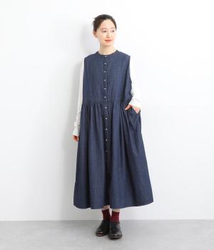 ライトコットンリネンデニムノースリーブ切替ジレワンピース