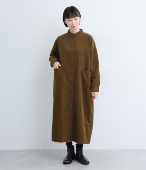 シャツコールチビ襟切替ワイドワンピース(ブラウン-F)