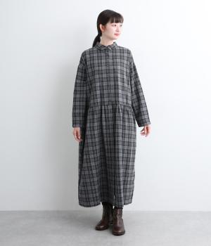 綾織起毛チェック切替ギャザーワンピース(グレーチェック-F)