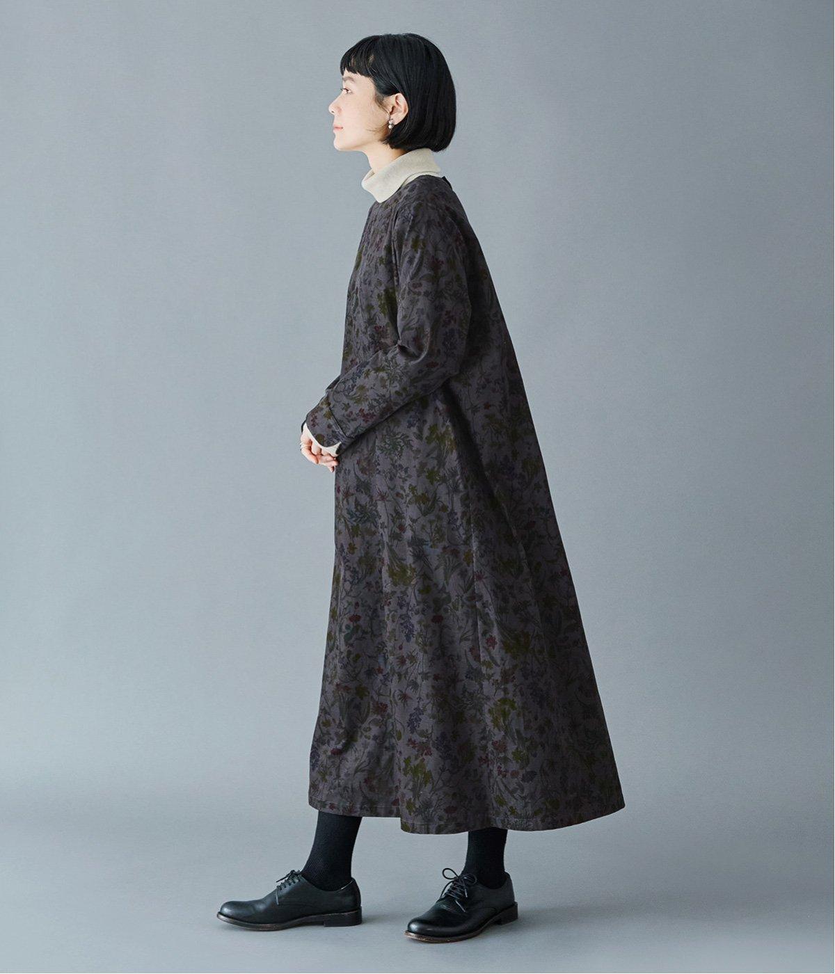 コットンボタニカルプリントコーデュロイワンピース(グレー-F)