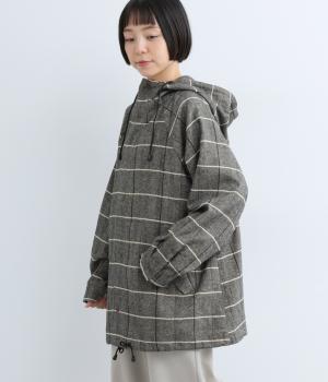 コットンリネンチェックフード付きジャケット