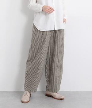 リネンコットンストライプ切り替えパンツ(チャコールストライプ-F)