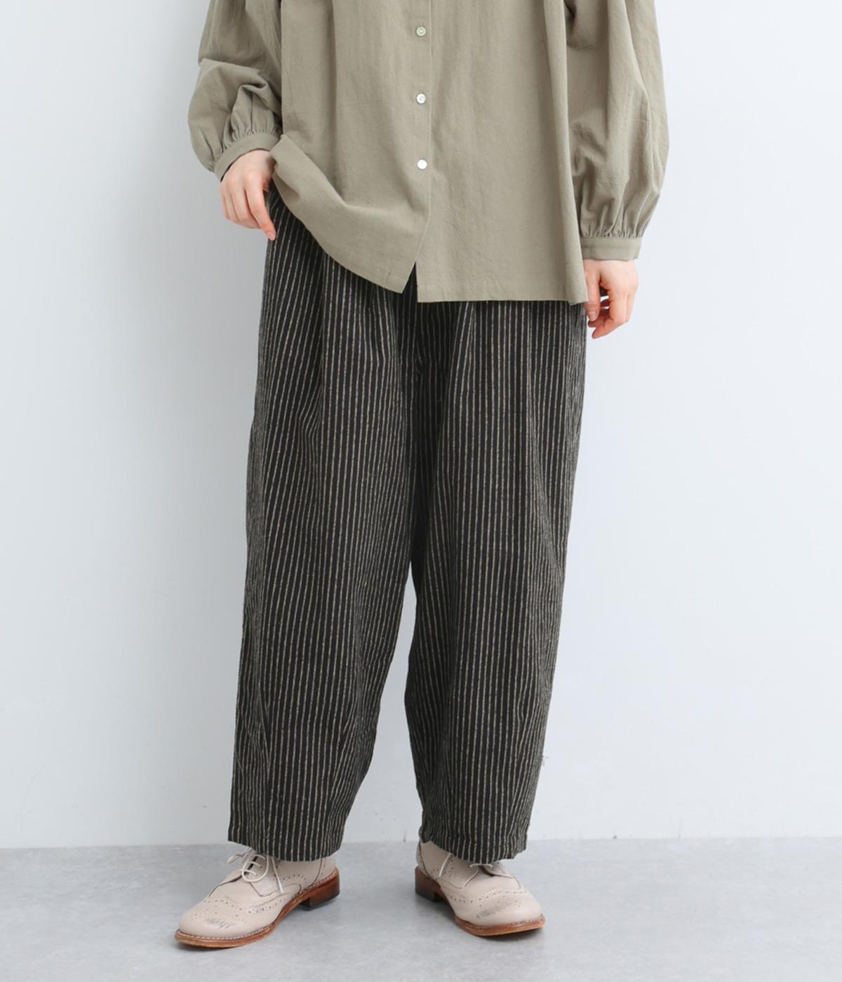 リネンコットンストライプバルーンパンツ(ブラックストライプ-F)