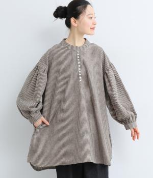 リネンコットンストライプ多ボタンチュニック