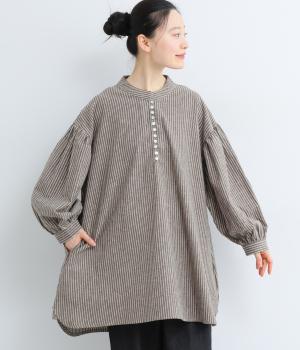 リネンコットンストライプ多ボタンチュニック(チャコールストライプ-F)