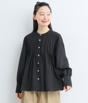 リネンコットンタックブラウス(ブラック-F)