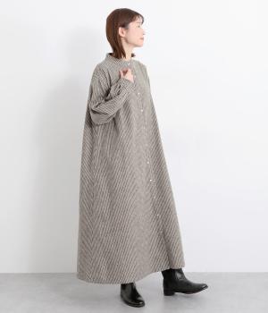 リネンコットンストライプボリューム袖ワンピース