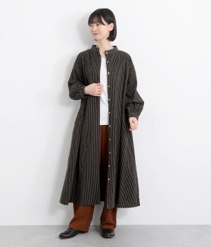 リネンコットンストライプボリューム袖ワンピース(ブラックストライプ-F)
