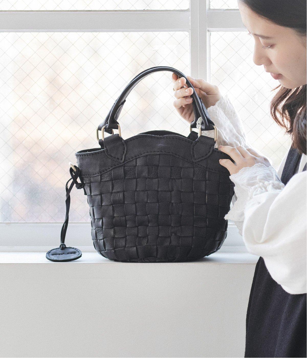 レザーメッシュバケツ型トート(ブラック-F)