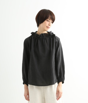 リネン　衿ぐりリボン通しブラウス