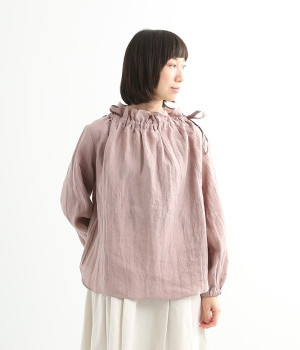 リネン　衿ぐりリボン通しブラウス(モーヴ-ONESIZE)