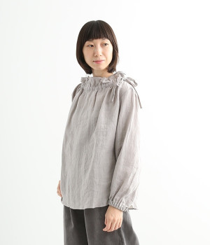 リネン　衿ぐりリボン通しブラウス(ライトグレー-ONESIZE)