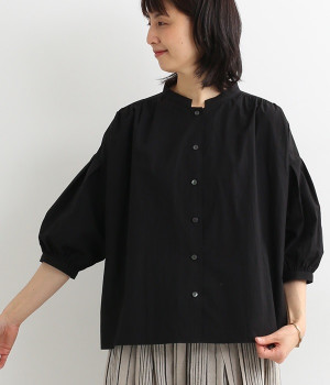 コットンタイプライタースタンドカラー7分袖ブラウス(ブラック-ONESIZE)