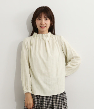 ダブルガーゼゴム入りタックネックブラウス(エクリュ-ONESIZE)