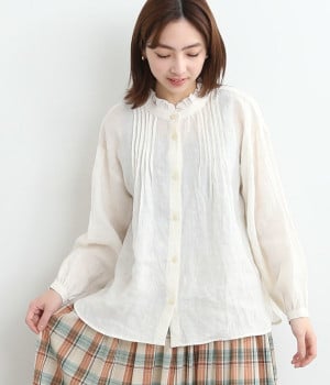リネン襟フリルピンタックブラウス(オフホワイト-ONESIZE)