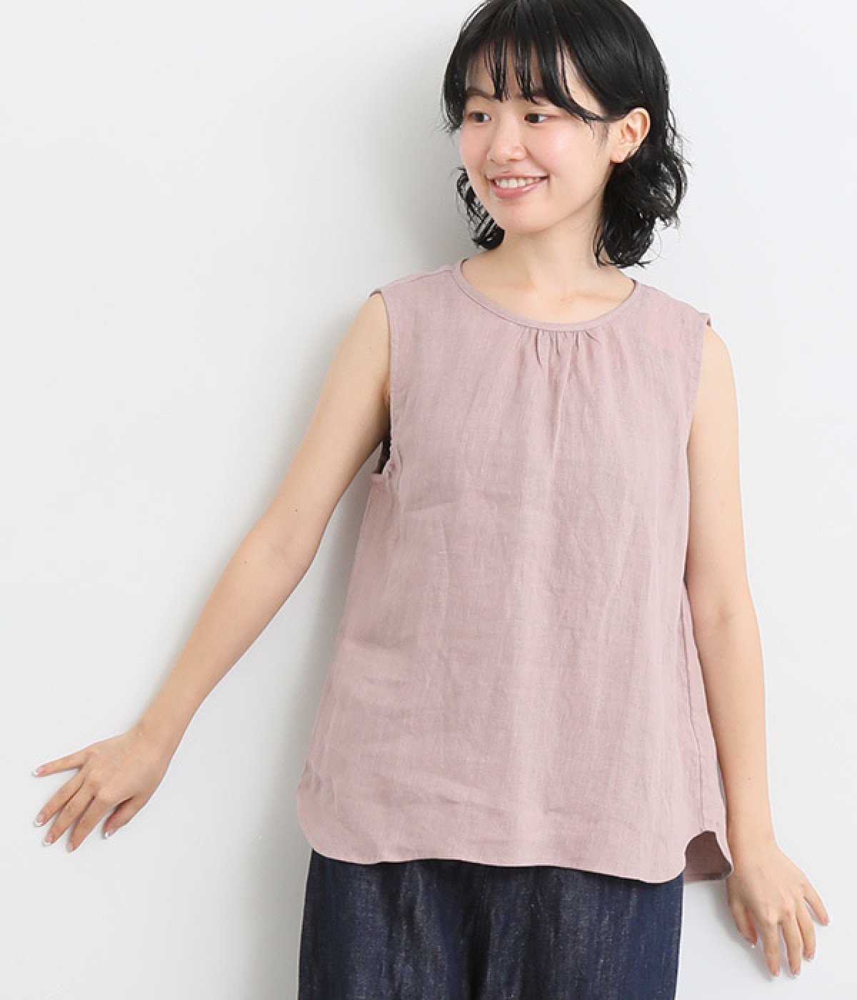 リネンギャザーノースリーブブラウス(モーヴ-ONESIZE)