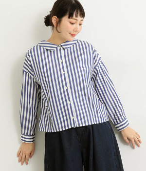 近江晒後重ね襟２WAYブラウス(ネイビーストライプ-ONESIZE)