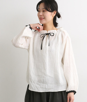 フレンチリネンネック前リボン配色ブラウス(オフホワイト-ONESIZE)