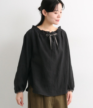 フレンチリネンネック前リボン配色ブラウス(ブラック-ONESIZE)
