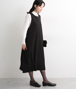 フォーマル裾タックコクーンワンピース(ブラック-ONESIZE)