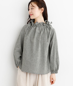 コットンリネンギンガム横リボンブラウス
