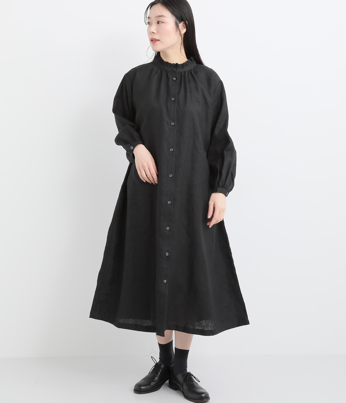 美品 Rene ルネ ショルダープリーツ リネン ワンピース 36 黒 Rene ルネ ワンピース ドレス TISSUE ブラック 36 S 冠婚葬祭