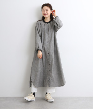 コットンリネンバイカラー襟ワンピース(千鳥×ブラック-ONESIZE)