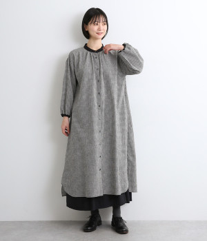 コットンリネンバイカラー襟ワンピース(ギンガム×ブラック-ONESIZE)
