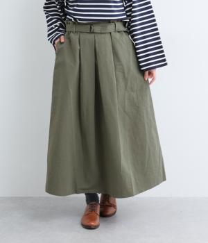 コットンリネンナイロンベルト付きタックスカート(カーキ-F)