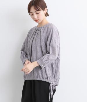 コットンリネンギンガム裾リボン通しブラウス