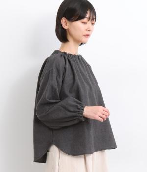 ウール混ゴム入りギンガムネック長袖ブラウス(チャコールグレー-F)