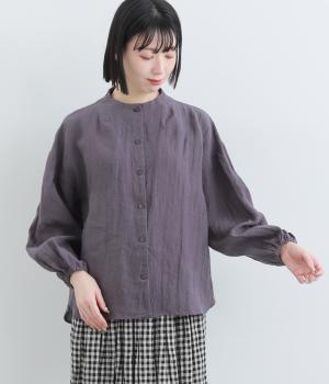 リネンボトルネック長袖ブラウス(アッシュパープル-F)