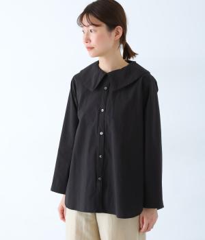 BIGカラーフレアーコットンブラウス(ブラック-F)